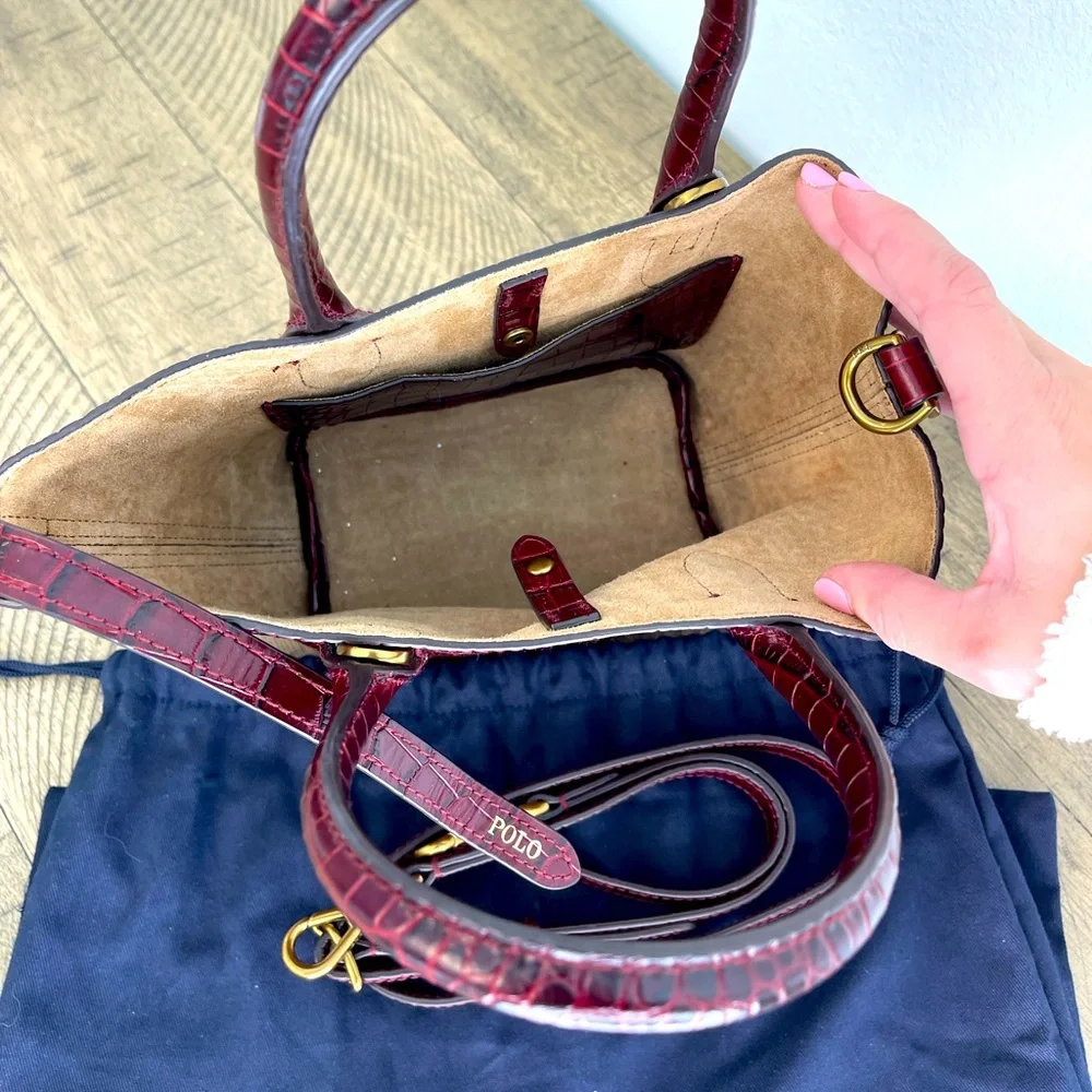 Polo Ralph Lauren Burguny Mini Bellport Embossed Tote w/ Dust Cover Handbag - Picture 3 of 5